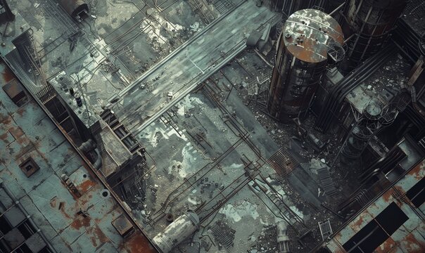 Illustrate a surreal birds-eye perspective of an industrial wasteland, incorporating glitch art elements for a unique and edgy grunge background in a digital rendering style