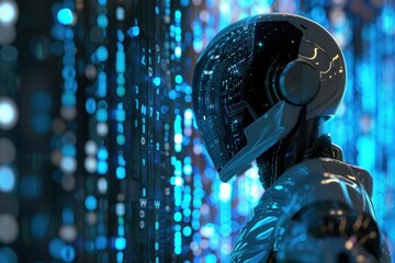 Futuristic cyborg with digital data stream