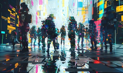 Obraz premium Illustrate a surreal digital world using glitch art techniques, where a diverse group of pixelated figures with futuristic elements are gathered in a wide-angle shot
