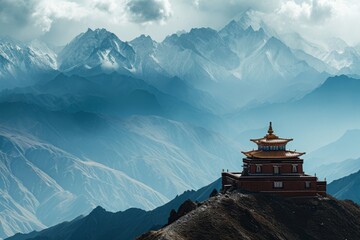 A building situated on top of a mountain with other mountains in the background, A Tibetan monastery in the Himalayas, AI Generated - Powered by Adobe