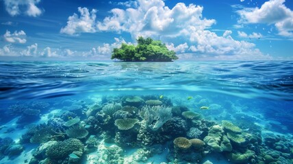 Fototapeta na wymiar Idyllic isolated island over vibrant coral reef - Mesmerizing view of a small, lush green island surrounded by an endless crystal-clear ocean and a colorful coral reef beneath the surface