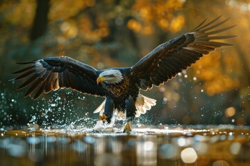 Fototapeta premium Eagle descends gracefully, touching down on water, causing a dynamic splash, captured during golden hour