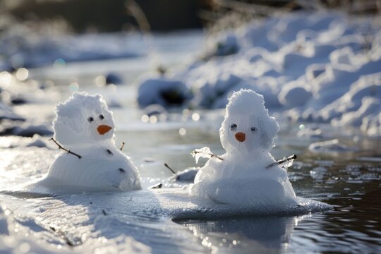 Two rapidly melting snowmen in the sun, representing the impact of climate change