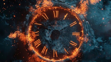 Burning clock face in a fiery and icy environment - The image depicts a clock face being consumed by fire and surrounded by ice, symbolizing a struggle between time and elements - obrazy, fototapety, plakaty
