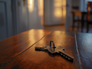 Close-up on key on the table in the living room, in the background a closed door