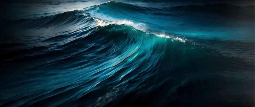 Powerful image of a large, dark blue wave in the ocean, symbolizing the formidable force and beauty of nature