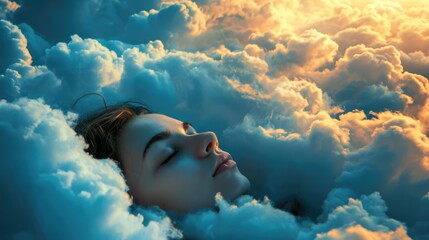 The close up picture of the caucasian female human that laying down for sleeping on the sea of the cloudscape that act like pillow that look fluffy and soft at the bright sky of the daytime. AIGX03. - Powered by Adobe
