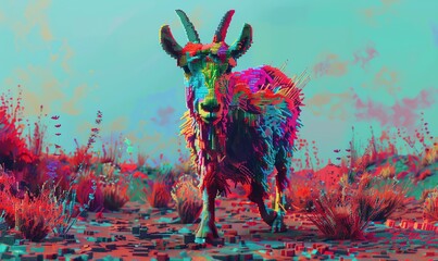 Illustrate a whimsical rear view goat with playful, exaggerated features using digital pixel art techniques Infuse the scene with vibrant colors and a sense of movement for a fun and dynamic compositi