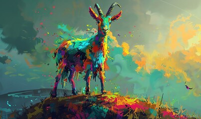 Illustrate a whimsical rear view goat with playful, exaggerated features using digital pixel art techniques Infuse the scene with vibrant colors and a sense of movement for a fun and dynamic compositi