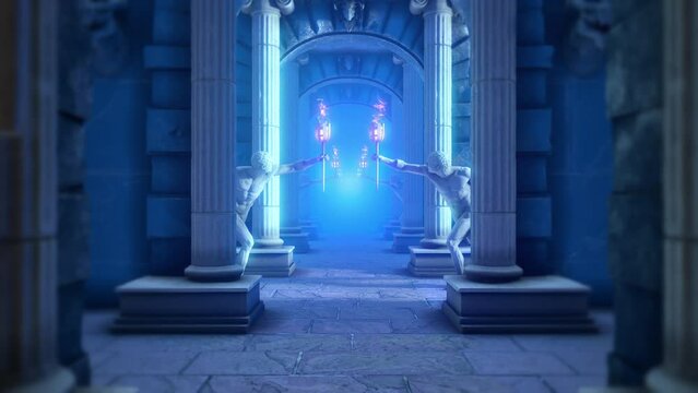 Travelling along an epic ancient hallway with huge stone columns and statues.