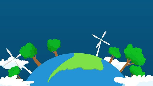 animated of earth globe, trees, and wind turbine, suitable for celebrate Earth Day, world environment day, gogreen concept, 4K animation.