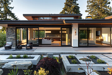 A Craftsman home with a modern twist, featuring a flat roof, large sliding doors, and a minimalist...
