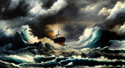 Oil painting of a breathtaking storm scene with a cargo ship.