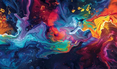 Fotobehang Illustrate the captivating beauty of liquid flow at eye level using vibrant acrylic colors Ensure the viewer feels the movement and energy of the flowing liquid in this traditional art piece © NookHok