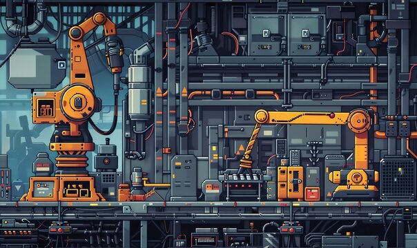 Illustrate the dynamic process of robotic manufacturing through a pixel art composition, showcasing a vibrant and detailed factory setting
