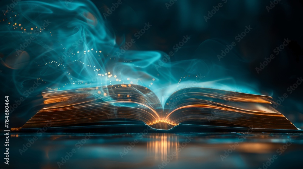 Aufkleber light beams from a book and computer intersecting, symbolizing blended learning