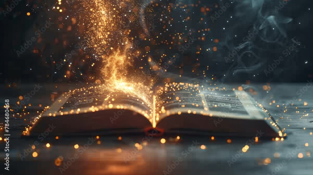 Aufkleber light beams from a book and computer intersecting, symbolizing blended learning