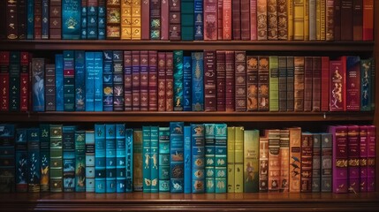 Vibrant book covers on a library shelf, each depicting a moment frozen in time from its story - obrazy, fototapety, plakaty
