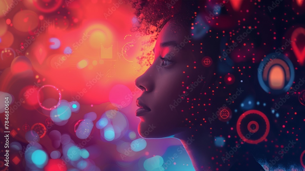 Poster side profile of a woman set against a backdrop of neon abstract digital patterns and glowing circles