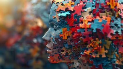 Puzzle of identity: A head composed of colorful puzzles, each piece catching the light, symbolizing the facets of self - obrazy, fototapety, plakaty