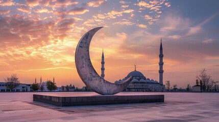 As the sun dips below the horizon, casting a warm golden glow over the landscape, a majestic mosque stands tall against the backdrop of a serene sunset.  - obrazy, fototapety, plakaty