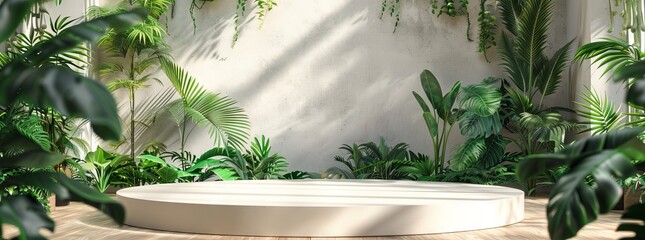 Wood podium in jungle studio, white and green plant decor for cosmetic elegance