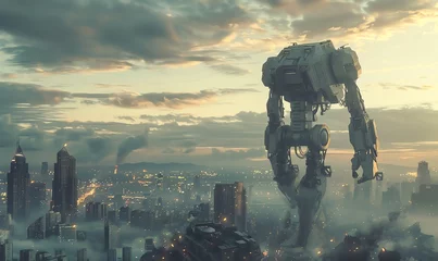 Poster Incorporate a towering, futuristic robot in a sprawling urban landscape using CG 3D rendering, capturing the essence of technological innovation and progress © NookHok