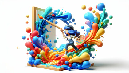 Fototapeta na wymiar Dance of the Brushes: An Abstract Artist's Daily Routine in 3D Icon