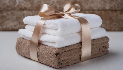 Beautifully arranged new towels as a gift with ribbon