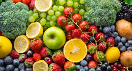 fruits and vegetables .  Background of fruits, vegetables and berries. Fresh food 