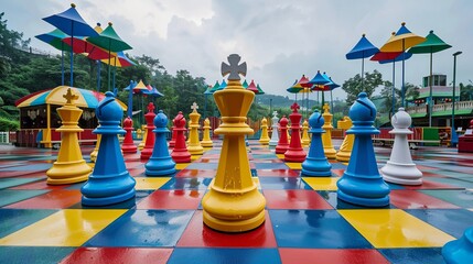 Chess pieces tower over a colossal board in a vibrant park, offering thrilling entertainment for families seeking outdoor fun.