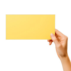 A human hand holding a blank sheet of yellow paper or card isolated on transparent background