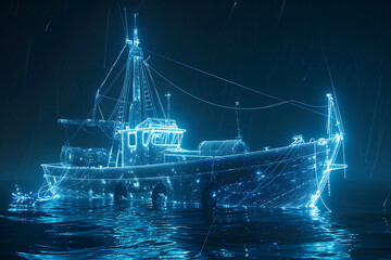 Intricate wireframe-based visualization of a glowing translucent background depicting a fishing boat, combining modern technology and traditional design for a captivating blend of aesthetics and digit