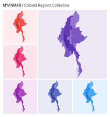 Myanmar map collection. Country shape with colored regions. Deep Purple, Red, Pink, Purple, Indigo, Blue color palettes. Border of Myanmar with provinces for your infographic. Vector illustration.