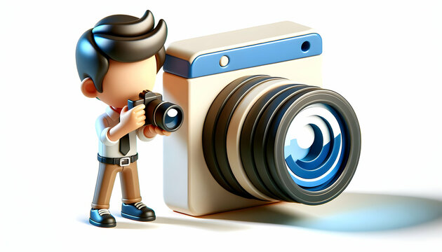 3D Icons: Photographer Lens Focus Capturing Candid Moments with Perfect Clarity in Daily Work Environment - Isolated on White Background