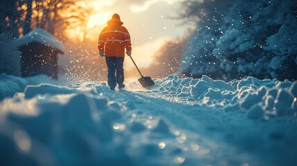Man cleaning snow with shovel in winter - obrazy, fototapety, plakaty