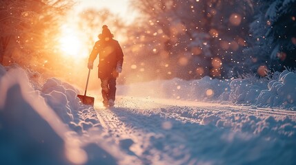 Man cleaning snow with shovel in winter