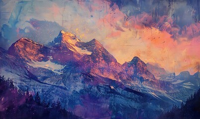 Produce a traditional acrylic painting of a majestic mountain range at dusk, implementing a dynamic halftone pattern to add depth and texture - obrazy, fototapety, plakaty