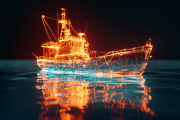 Intricate wireframe-based visualization of a glowing translucent background depicting a fishing boat, combining modern technology and traditional design for a captivating blend of aesthetics and digit