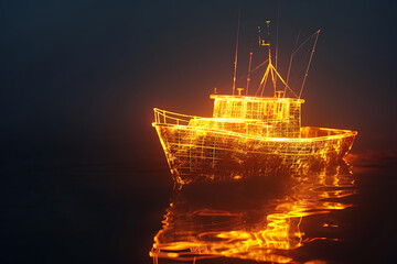 Intricate wireframe-based visualization of a glowing translucent background depicting a fishing boat, combining modern technology and traditional design for a captivating blend of aesthetics and digit