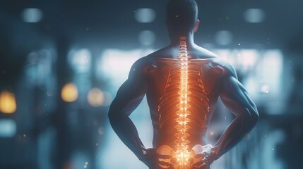 A medical professional is shown standing, with a highlighted area indicating a painful back, conveying discomfort potentially caused by various conditions such as muscle strain or spinal issues.