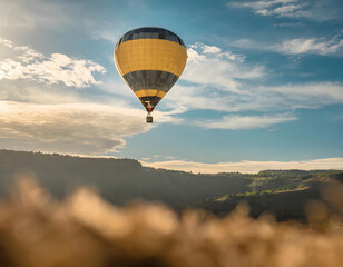 Hot Air Balloon Flying Through Blue Sky. Generative AI