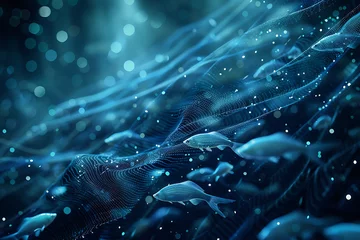 Fototapeten Intricate wireframe-based visualization of a fish set against a glowing translucent background, blending digital art with marine life themes to create a mesmerizing, futuristic depiction of the underw © River Girl
