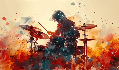 Drummer playing drum set on grunge background with splashes. Illustration.