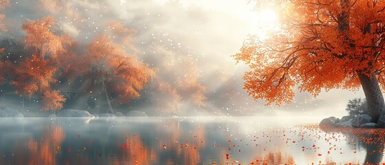 Foggy autumn landscape with lake and trees