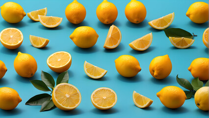 A zesty array of whole and sliced lemons artistically placed on a contrasting blue background - obrazy, fototapety, plakaty