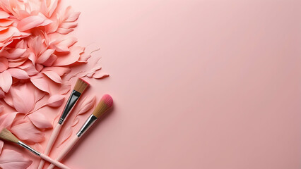 A composition with delicate pink petals and paintbrushes arranged on a plain background, symbolizing creativity in art