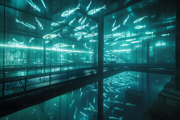 Intricate wireframe-based visualization of a fish set against a glowing translucent background, blending digital art with marine life themes to create a mesmerizing, futuristic depiction of the underw - obrazy, fototapety, plakaty