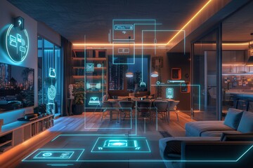 A holographic visualization of an entire smart home, with various devices connected to the network and glowing digital symbols representing different living spaces within it
