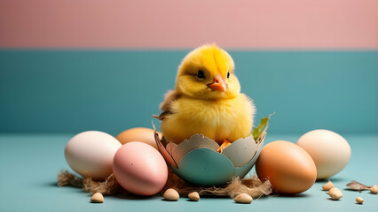 A cute chick breaks free from an eggshell amidst pastel colored Easter eggs, suggesting new beginnings and springtime